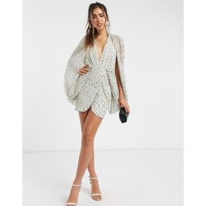 NWT ASOS Sequin Embellished Cape Sleeve Mini Dress 2 Wrap Skirt Open Back $140